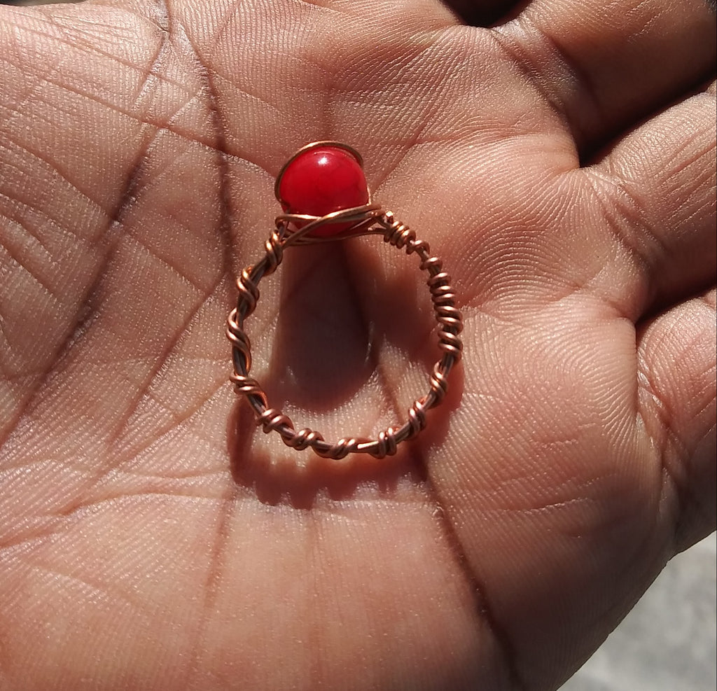 Red Turquoise Copper Wire Wrapped Ring