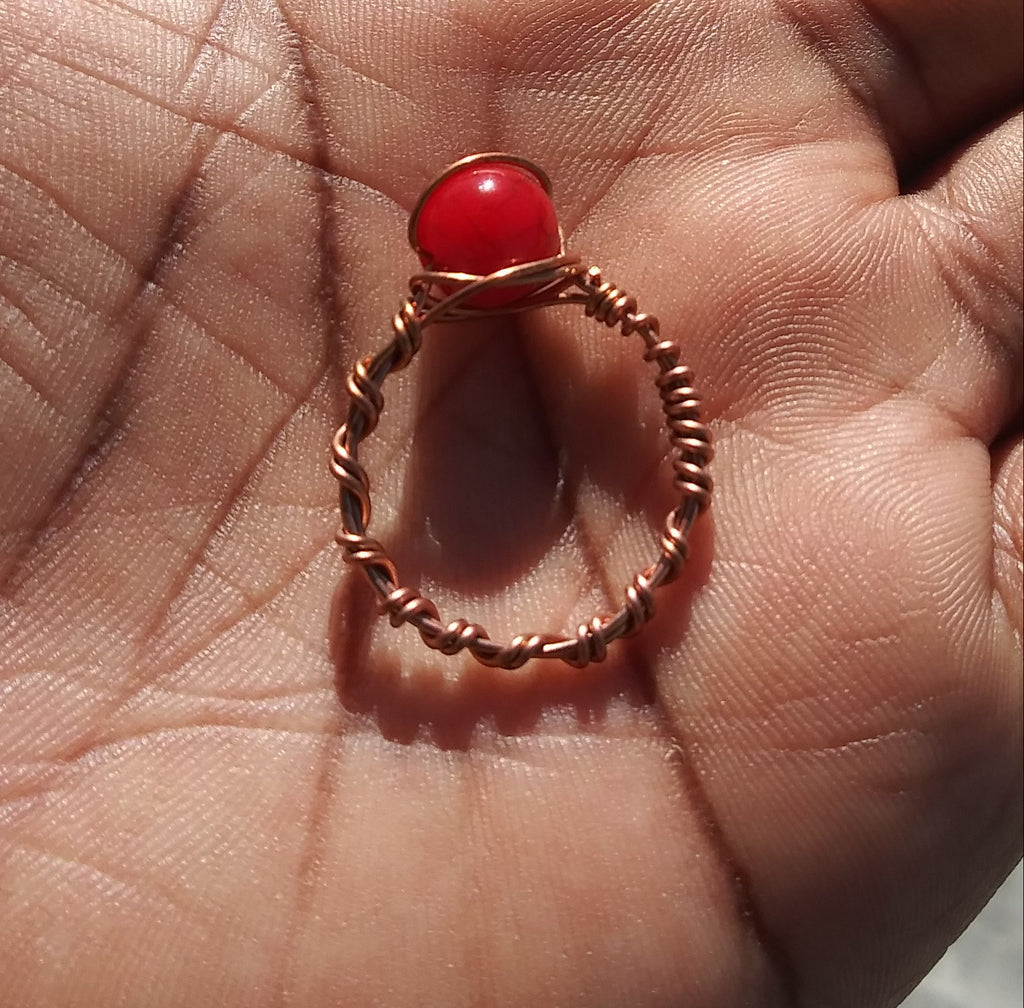 Red Turquoise Copper Wire Wrapped Ring