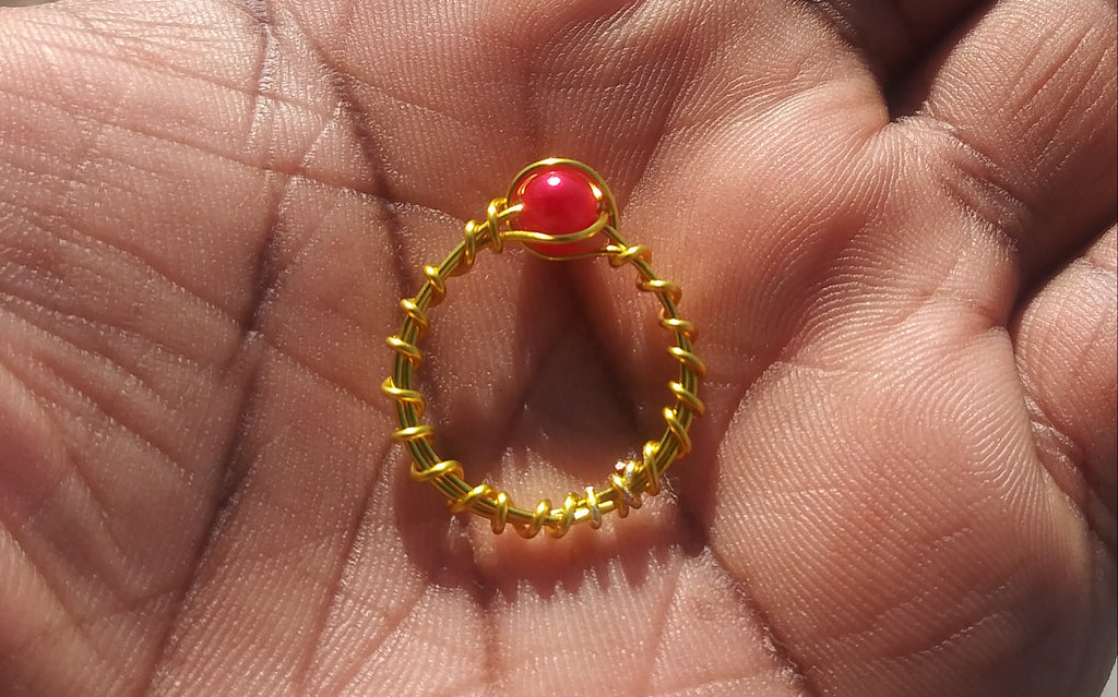 Red Pearl Gold Wire Wrapped Ring