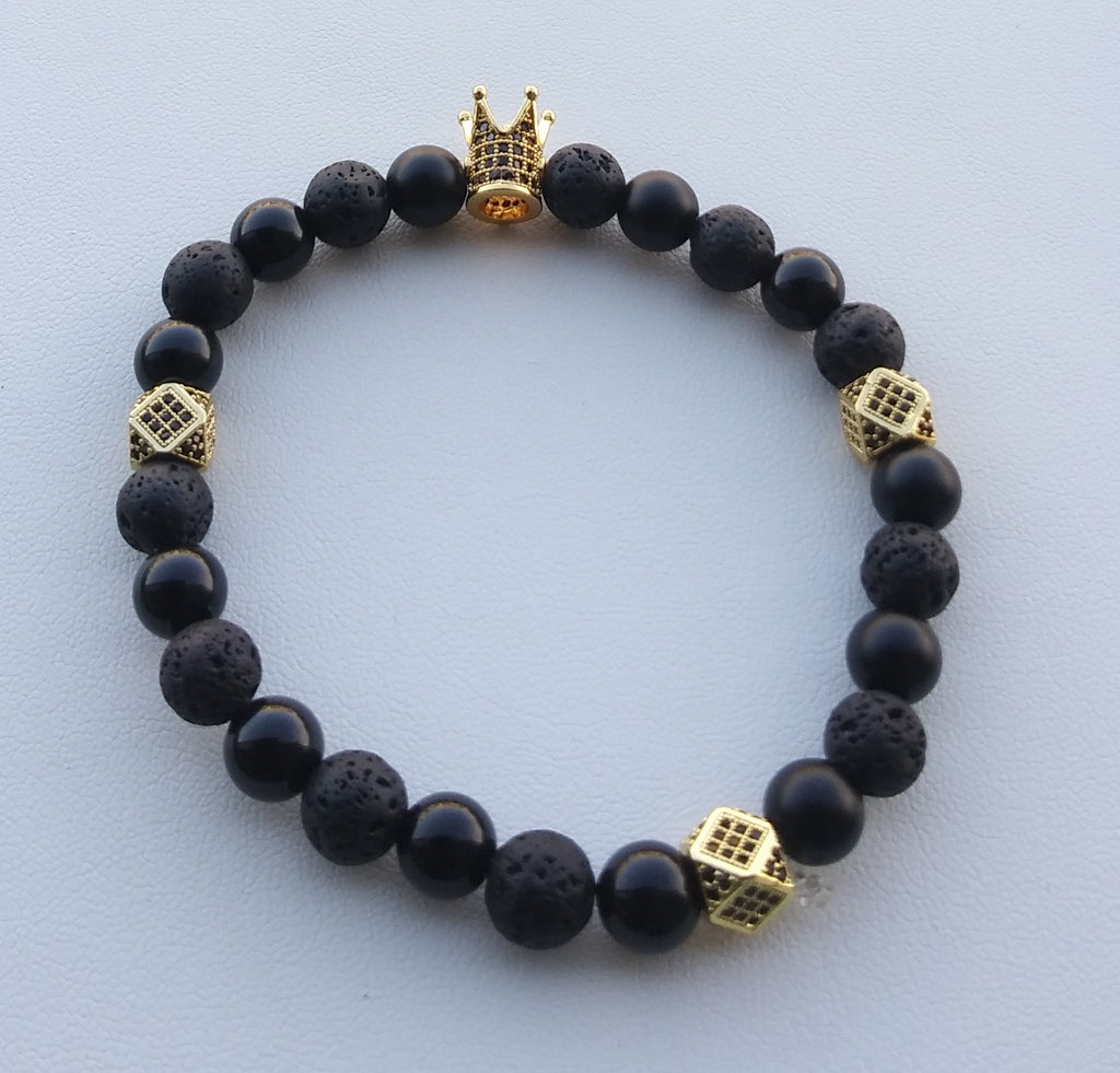 Lava Stone/Black Onyx King Crown Beaded Bracelet