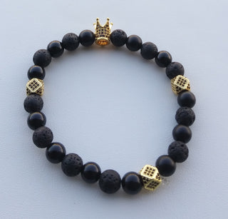 Lava Stone/Black Onyx King Crown Beaded Bracelet