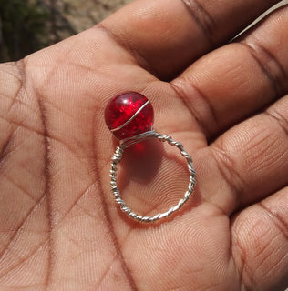 Red Marble Silver Wirewrapped Ring